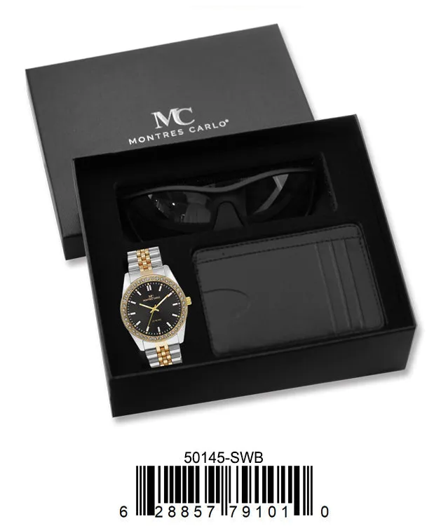 50145-Two-Tone/Black Metal Band Watch, Card Clip, Polarized Sunglass in G-2028 Gift Box