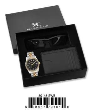 50145-Two-Tone/Black Metal Band Watch, Card Clip, Polarized Sunglass in G-2028 Gift Box
