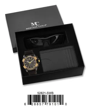 52821-Black/Gold Silicon Band Watch, Card Clip, Polarized Sunglass in G-2028 Gift Box