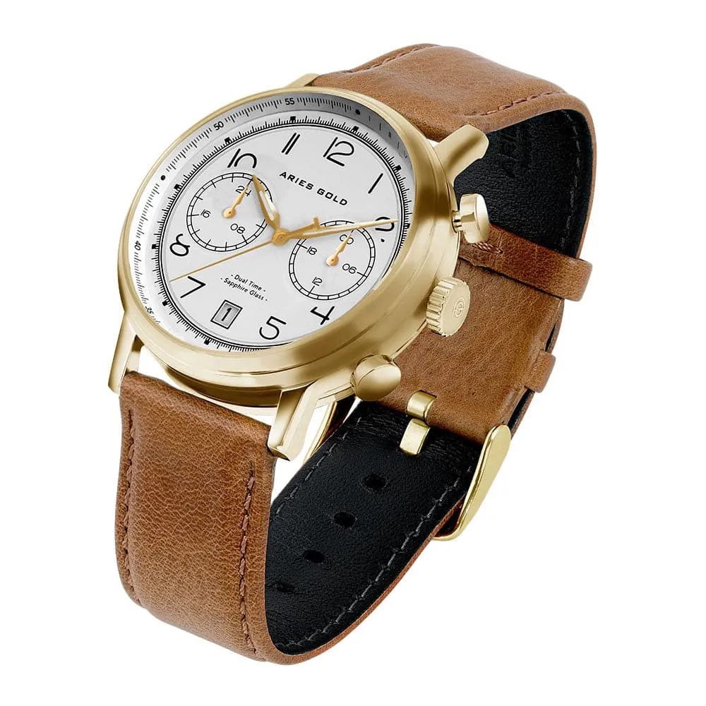 ARIES GOLD URBAN JOURNEY G 1025 G-W BROWN LEATHER STRAP MEN'S WATCH
