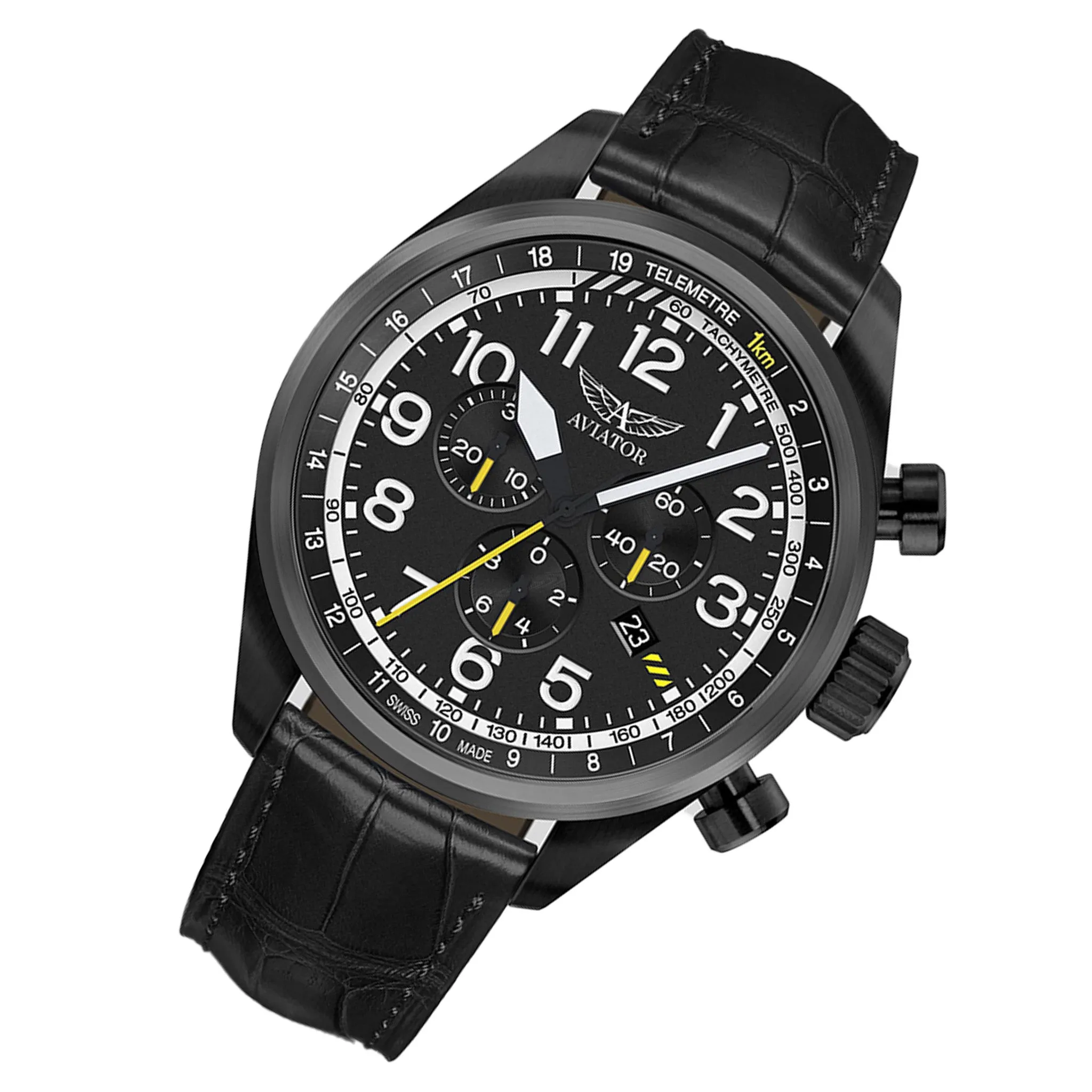 Aviator Black Leather Chronograph Swiss Made Men's Watch - V22551694