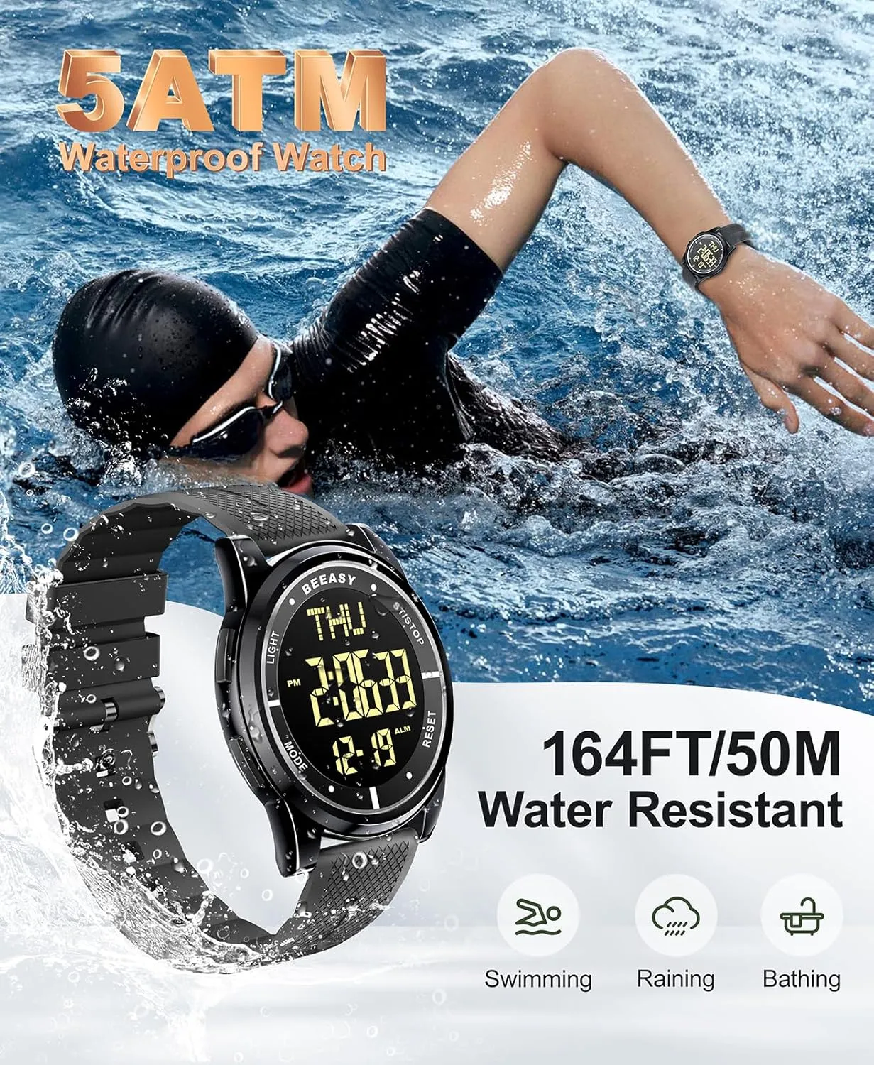 Beeasy Digital Watch Waterproof with Stopwatch Alarm Countdown Dual Time, Ultra-Thin Super Wide-Angle Display Digital Wrist Watches for Men Women