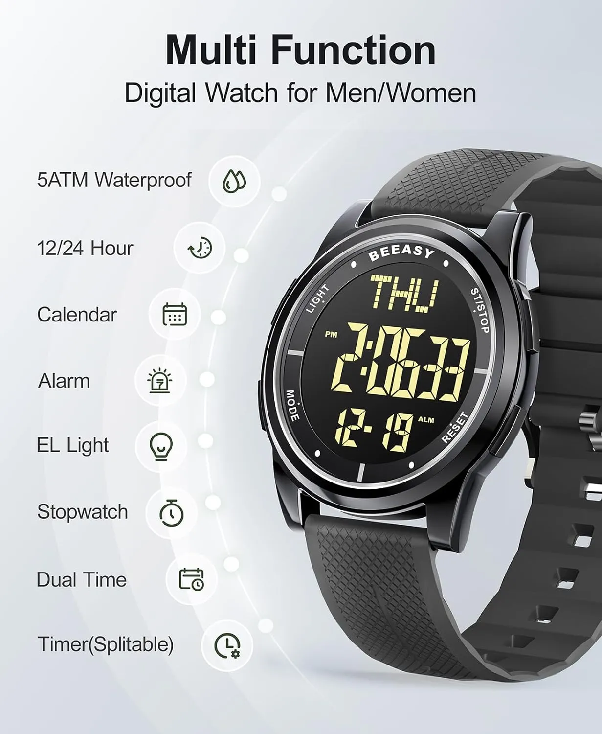Beeasy Digital Watch Waterproof with Stopwatch Alarm Countdown Dual Time, Ultra-Thin Super Wide-Angle Display Digital Wrist Watches for Men Women
