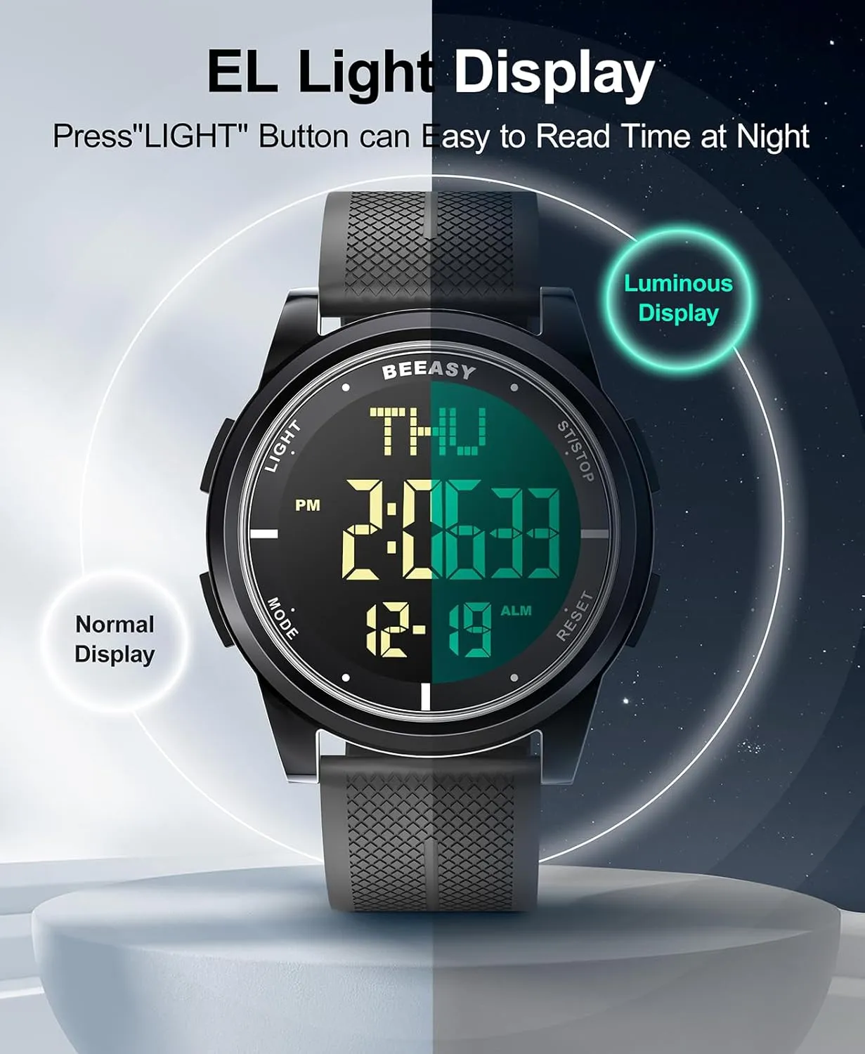 Beeasy Digital Watch Waterproof with Stopwatch Alarm Countdown Dual Time, Ultra-Thin Super Wide-Angle Display Digital Wrist Watches for Men Women