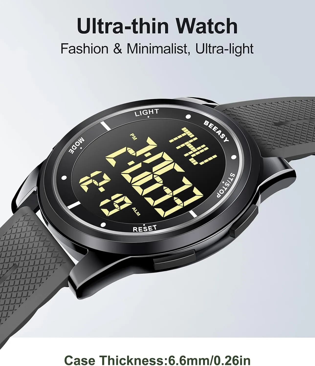 Beeasy Digital Watch Waterproof with Stopwatch Alarm Countdown Dual Time, Ultra-Thin Super Wide-Angle Display Digital Wrist Watches for Men Women