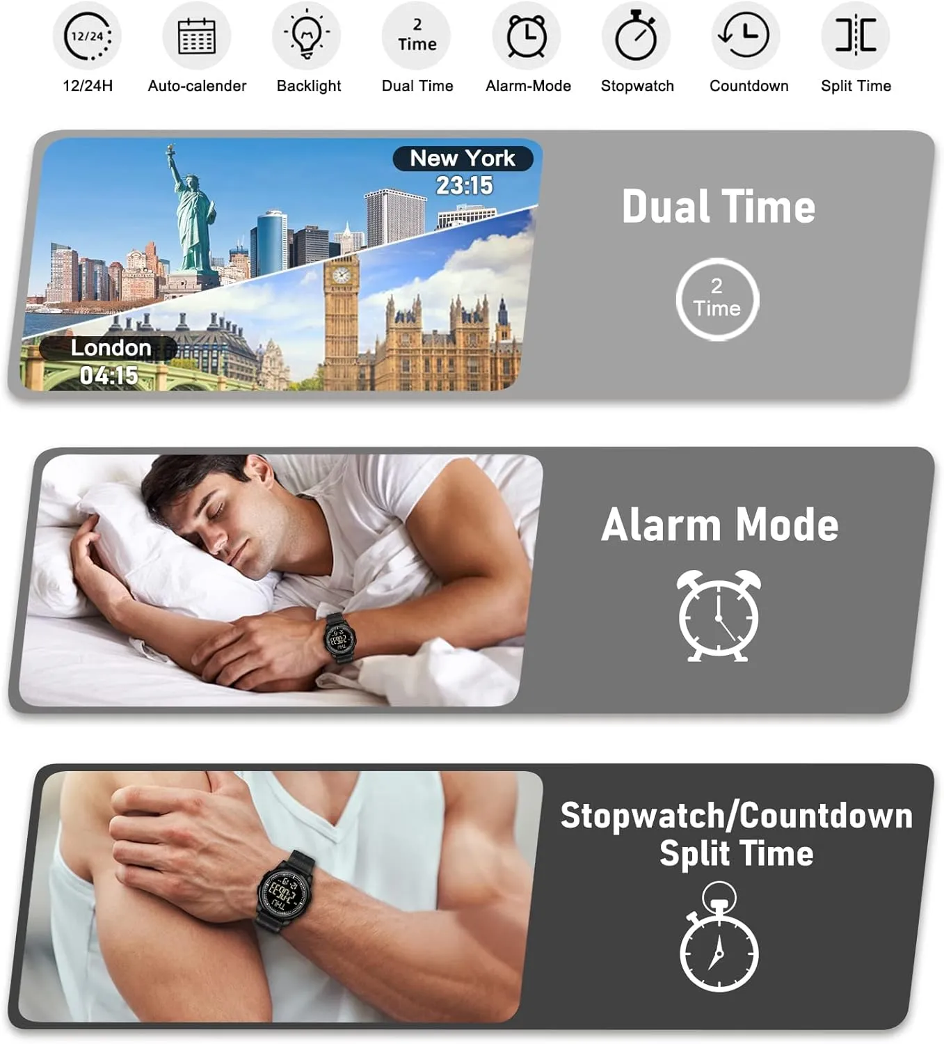Beeasy Digital Watch Waterproof with Stopwatch Alarm Countdown Dual Time, Ultra-Thin Super Wide-Angle Display Digital Wrist Watches for Men Women
