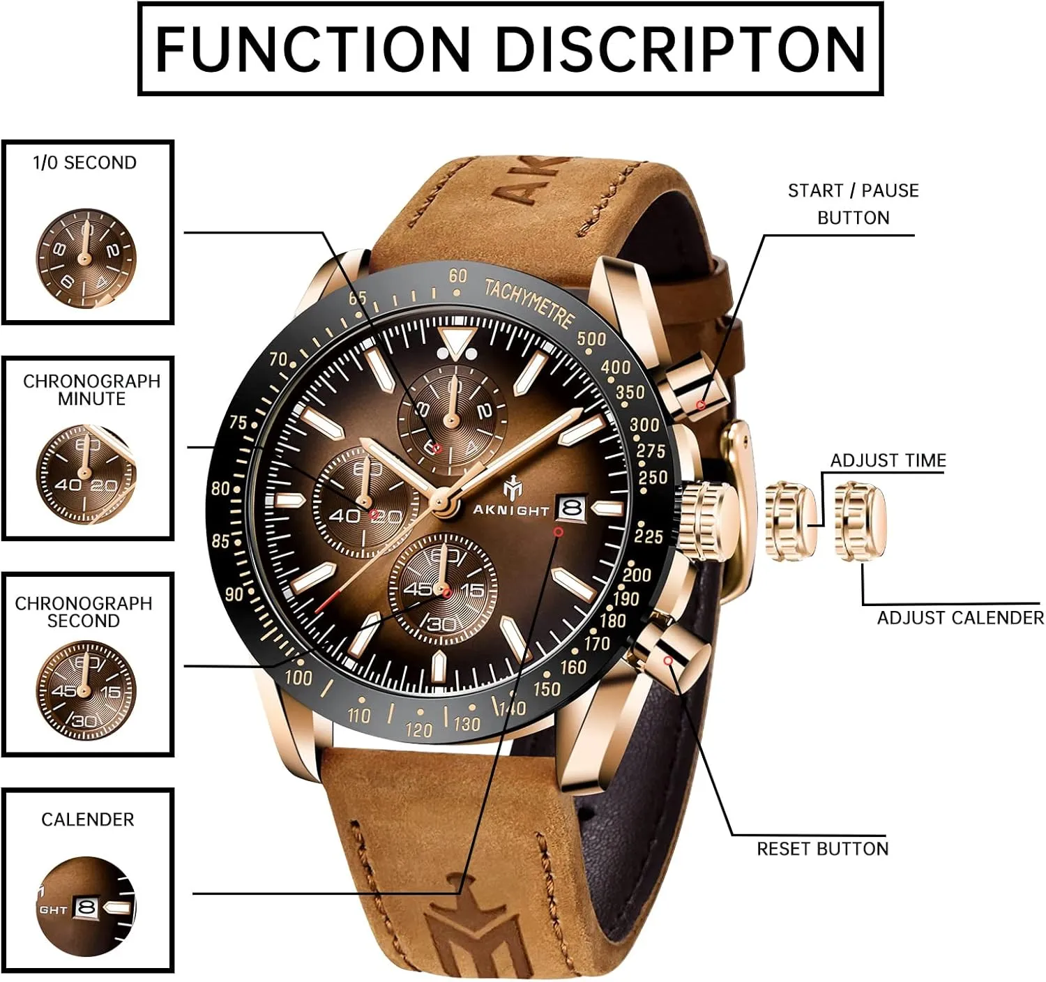 BENYAR AKNIGHT Mens Watches, Analog Quartz Chronograph Big Face Watches for Men, Business Men's Wrist Watches Leather Mens Dress Watch - Elegant Gift for Men