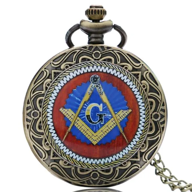 Bronze Masonic Compass Mason Retro Necklace Pendant Quartz Pocket Watch