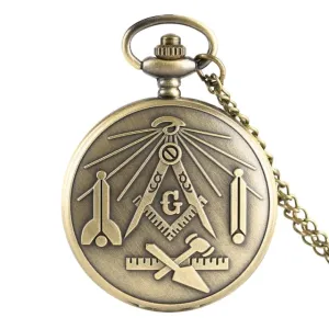 Bronze Masonic Compass Mason Retro Necklace Pendant Quartz Pocket Watch