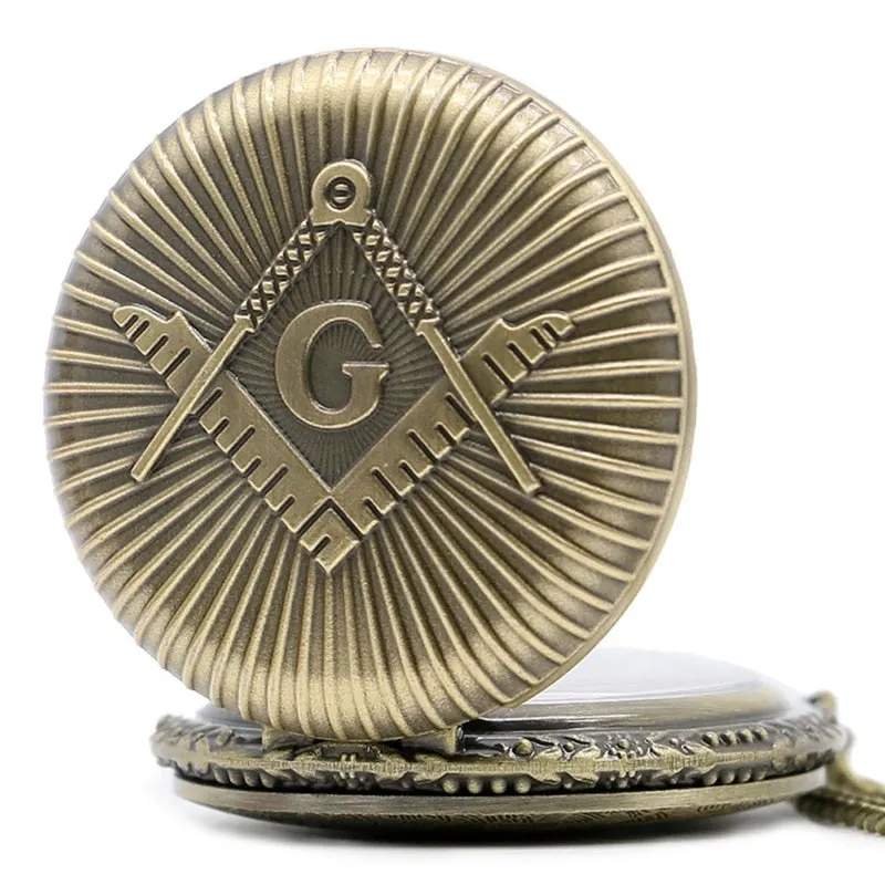 Bronze Masonic Compass Mason Retro Necklace Pendant Quartz Pocket Watch