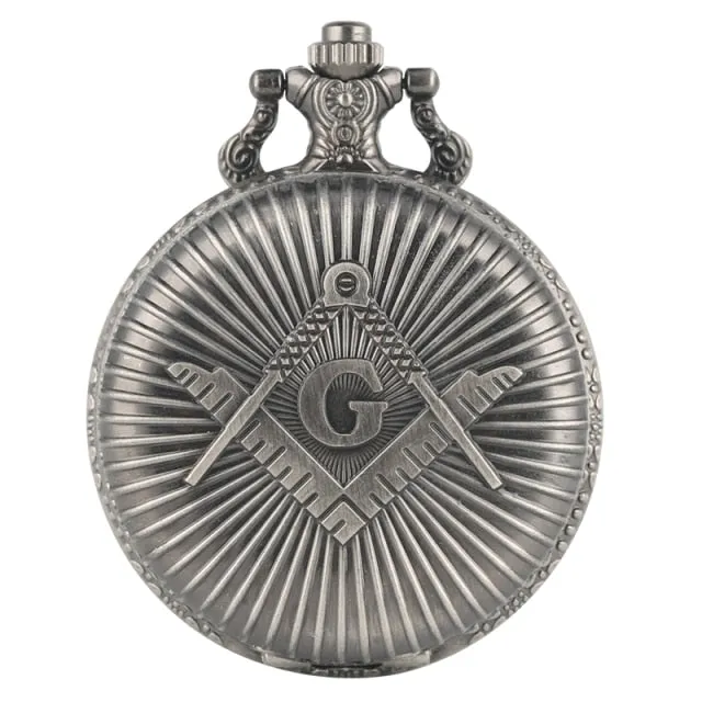 Bronze Masonic Compass Mason Retro Necklace Pendant Quartz Pocket Watch