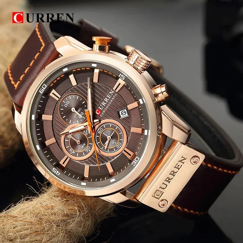 CURREN Brand Men's Leather Sports Watch, Army Military Quartz Wristwatch with Chronograph, Male Clock Relogio Masculino