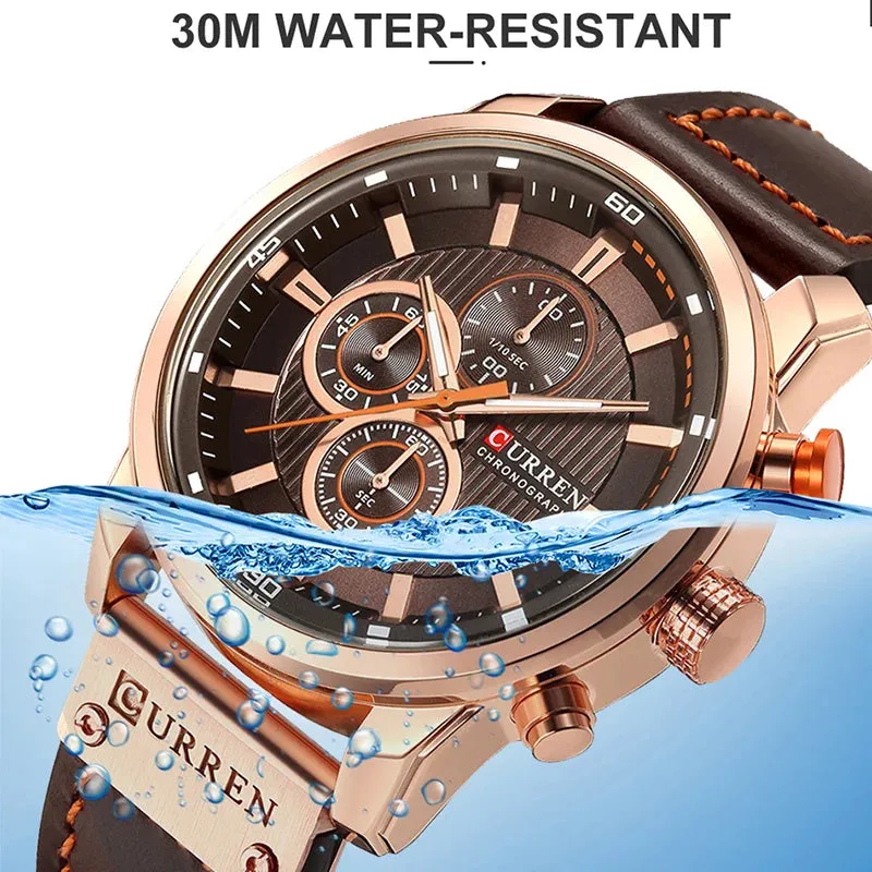 CURREN Brand Men's Leather Sports Watch, Army Military Quartz Wristwatch with Chronograph, Male Clock Relogio Masculino