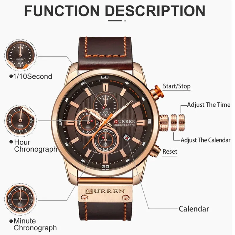 CURREN Brand Men's Leather Sports Watch, Army Military Quartz Wristwatch with Chronograph, Male Clock Relogio Masculino