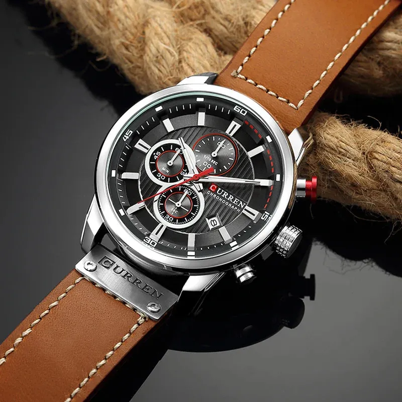 CURREN Brand Men's Leather Sports Watch, Army Military Quartz Wristwatch with Chronograph, Male Clock Relogio Masculino