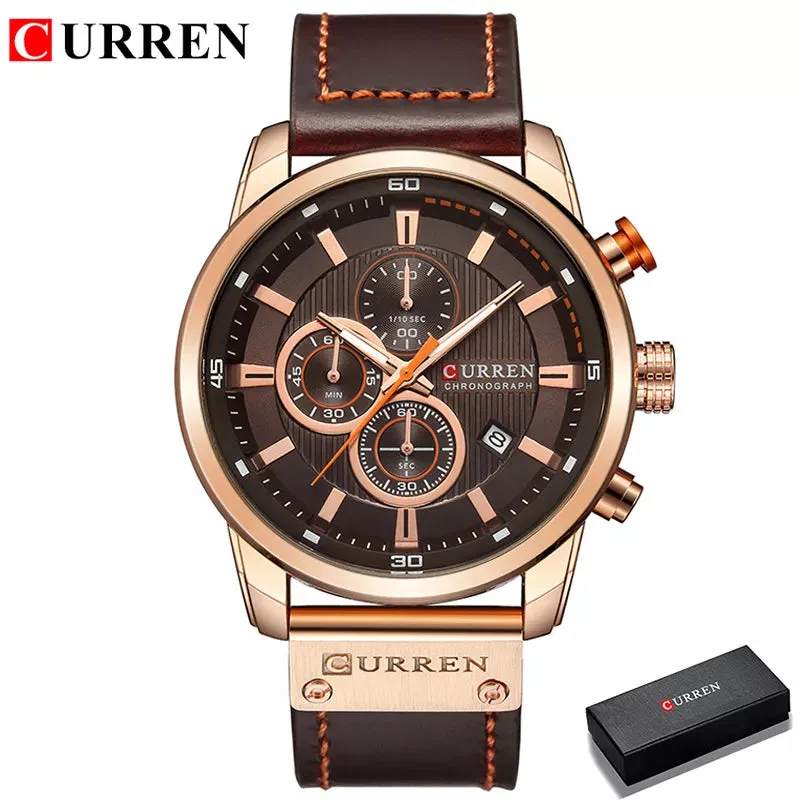 CURREN Brand Men's Leather Sports Watch, Army Military Quartz Wristwatch with Chronograph, Male Clock Relogio Masculino