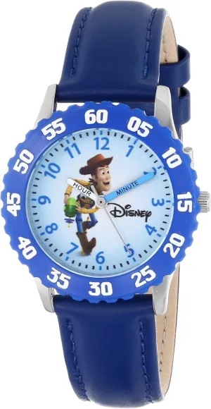 Disney Toy Story Kids' Bezel Stainless Steel Time Teacher Analog Leather Strap Watch