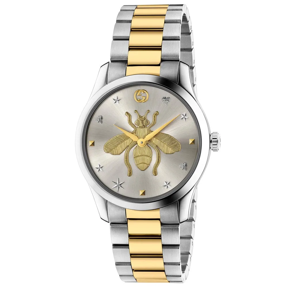 Gucci G-Timeless 38mm Gold Bee Motif Silver Dial Gold PVD Steel Ladies Quartz Watch YA1264131