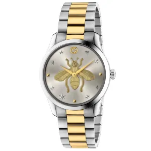 Gucci G-Timeless 38mm Gold Bee Motif Silver Dial Gold PVD Steel Ladies Quartz Watch YA1264131