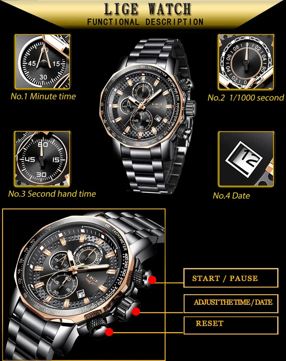 LIGE Unique Full Stainless Steel Waterproof Chronograph Quartz Watch LG9902