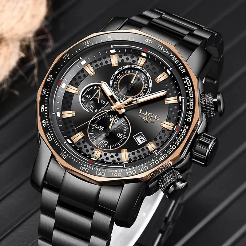 LIGE Unique Full Stainless Steel Waterproof Chronograph Quartz Watch LG9902