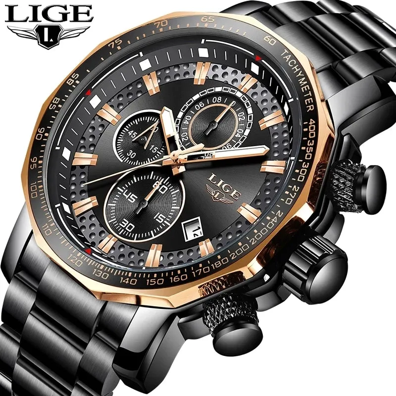 LIGE Unique Full Stainless Steel Waterproof Chronograph Quartz Watch LG9902
