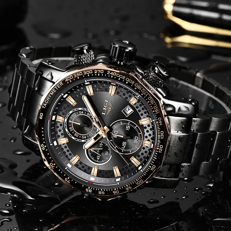 LIGE Unique Full Stainless Steel Waterproof Chronograph Quartz Watch LG9902