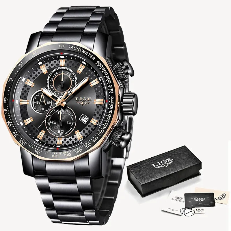 LIGE Unique Full Stainless Steel Waterproof Chronograph Quartz Watch LG9902