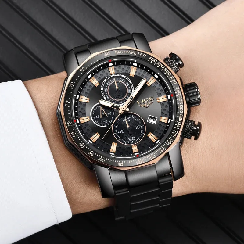 LIGE Unique Full Stainless Steel Waterproof Chronograph Quartz Watch LG9902