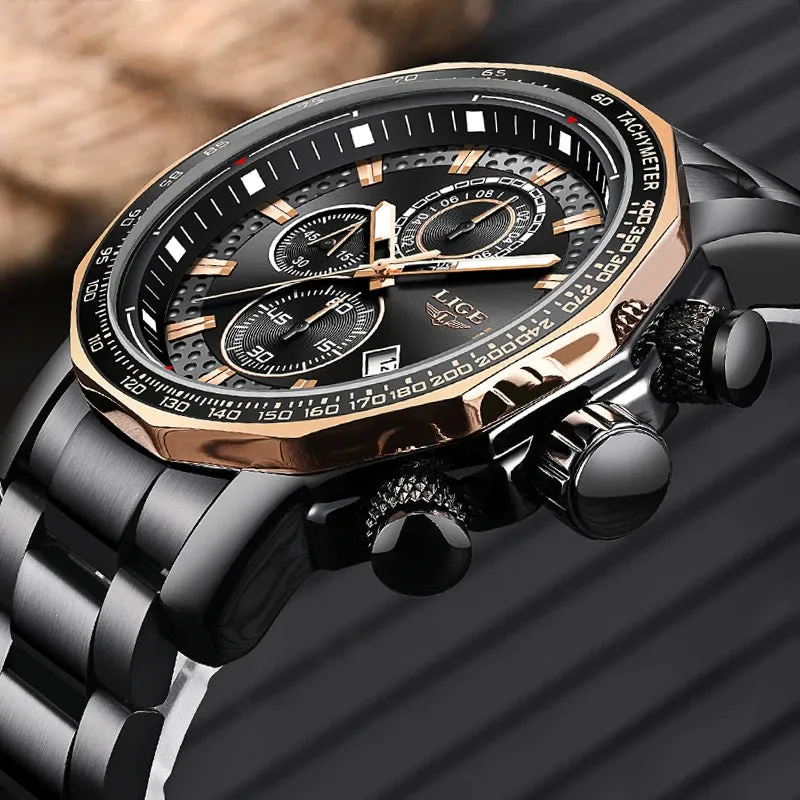 LIGE Unique Full Stainless Steel Waterproof Chronograph Quartz Watch LG9902