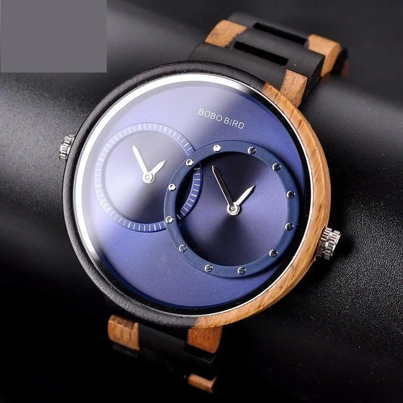Men and Women 2 Time Zone Design Round Case Wooden Quartz Watches Gift