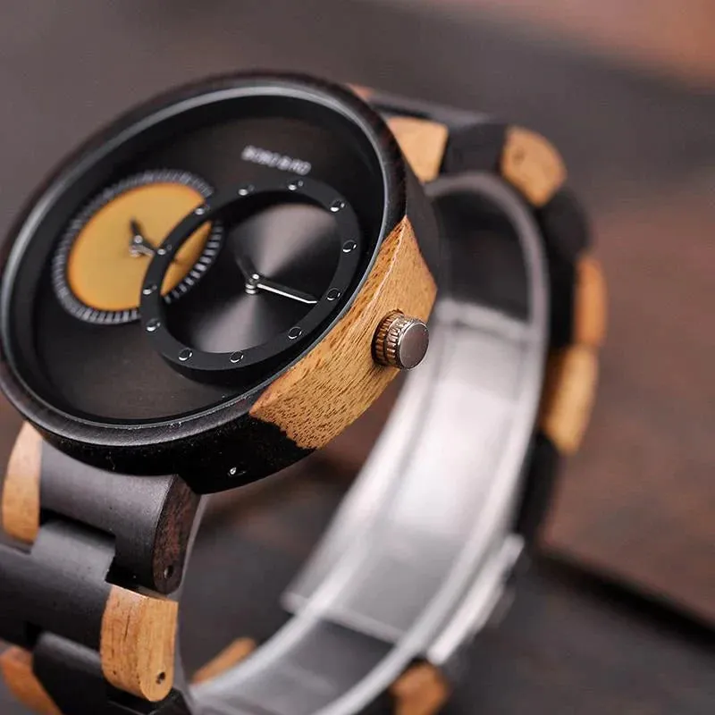 Men and Women 2 Time Zone Design Round Case Wooden Quartz Watches Gift