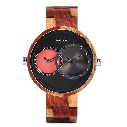 Men and Women 2 Time Zone Design Round Case Wooden Quartz Watches Gift