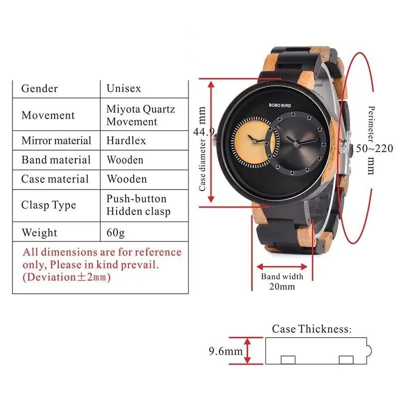 Men and Women 2 Time Zone Design Round Case Wooden Quartz Watches Gift