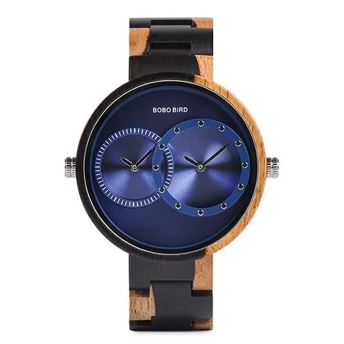 Men and Women 2 Time Zone Design Round Case Wooden Quartz Watches Gift