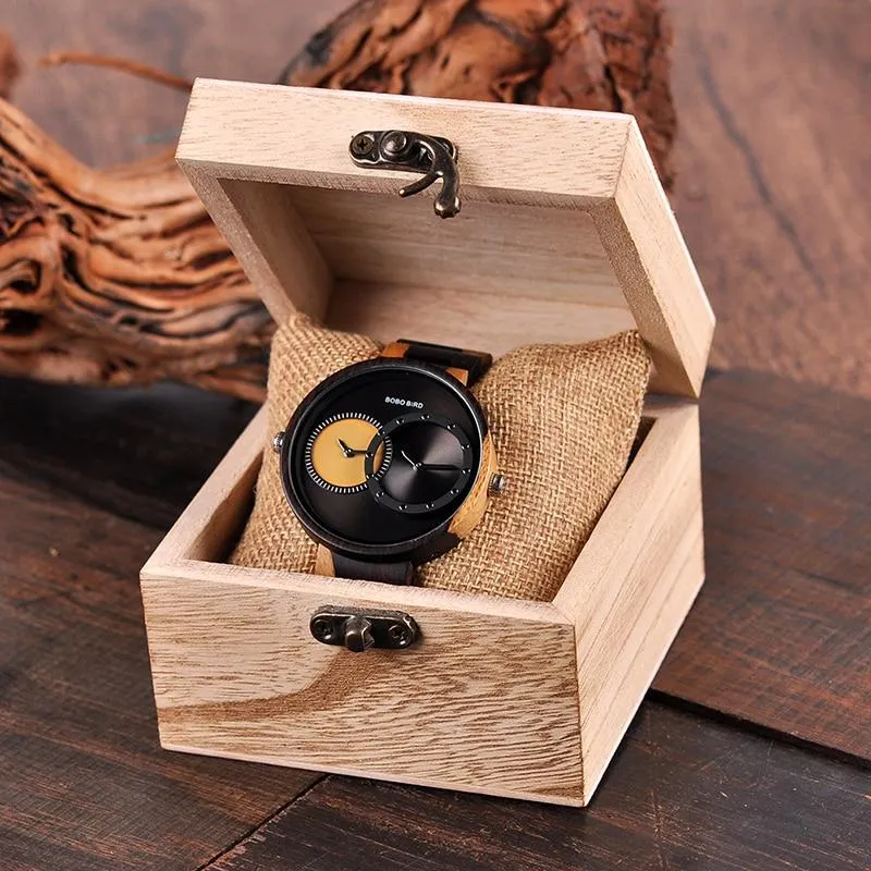 Men and Women 2 Time Zone Design Round Case Wooden Quartz Watches Gift