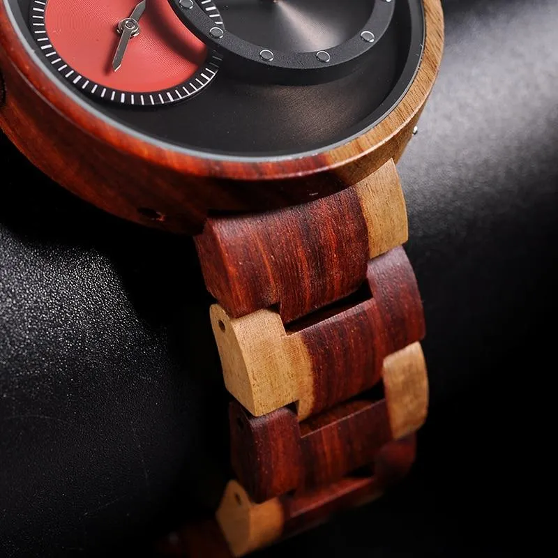 Men and Women 2 Time Zone Design Round Case Wooden Quartz Watches Gift
