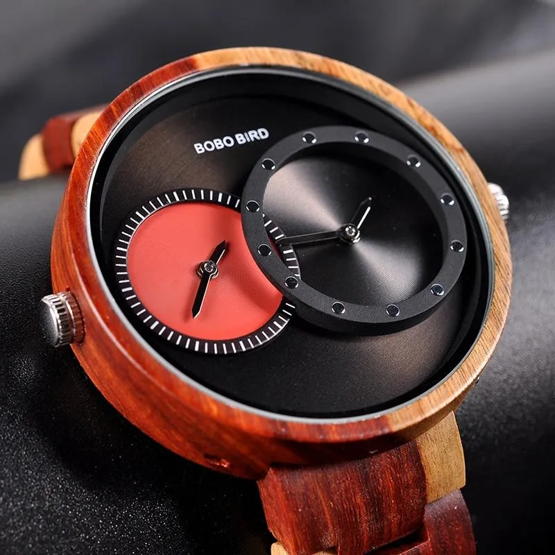 Men and Women 2 Time Zone Design Round Case Wooden Quartz Watches Gift