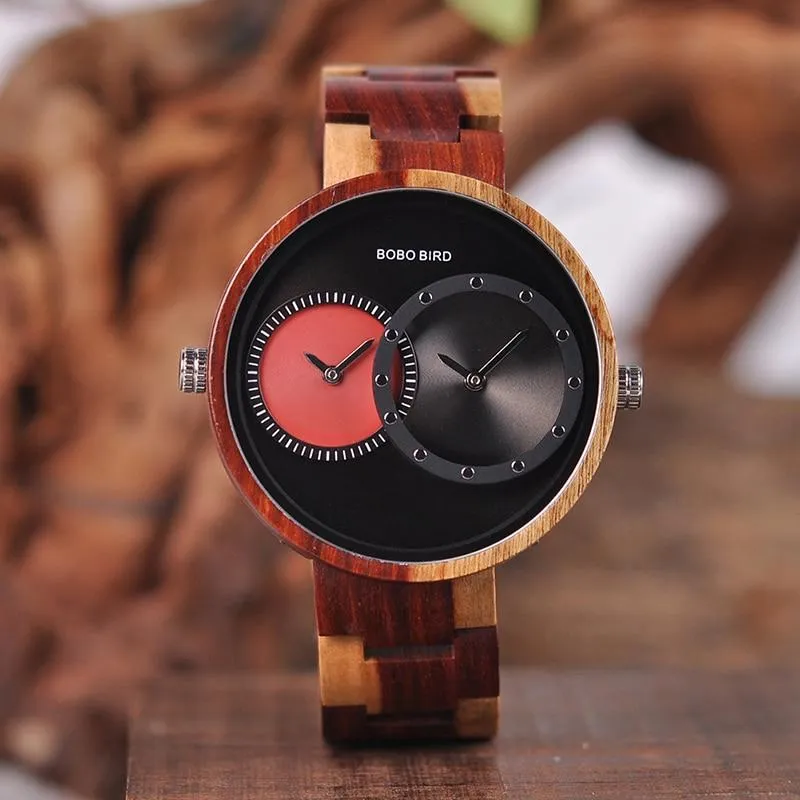 Men and Women 2 Time Zone Design Round Case Wooden Quartz Watches Gift