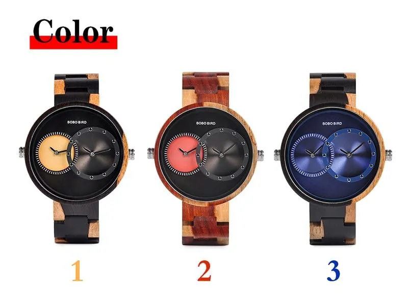 Men and Women 2 Time Zone Design Round Case Wooden Quartz Watches Gift