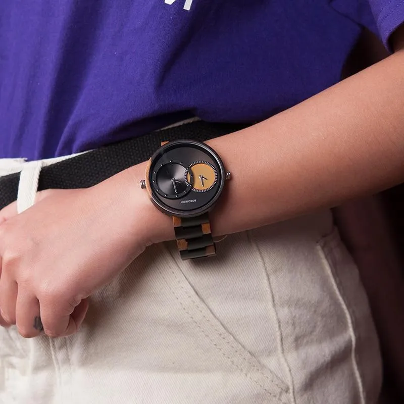 Men and Women 2 Time Zone Design Round Case Wooden Quartz Watches Gift