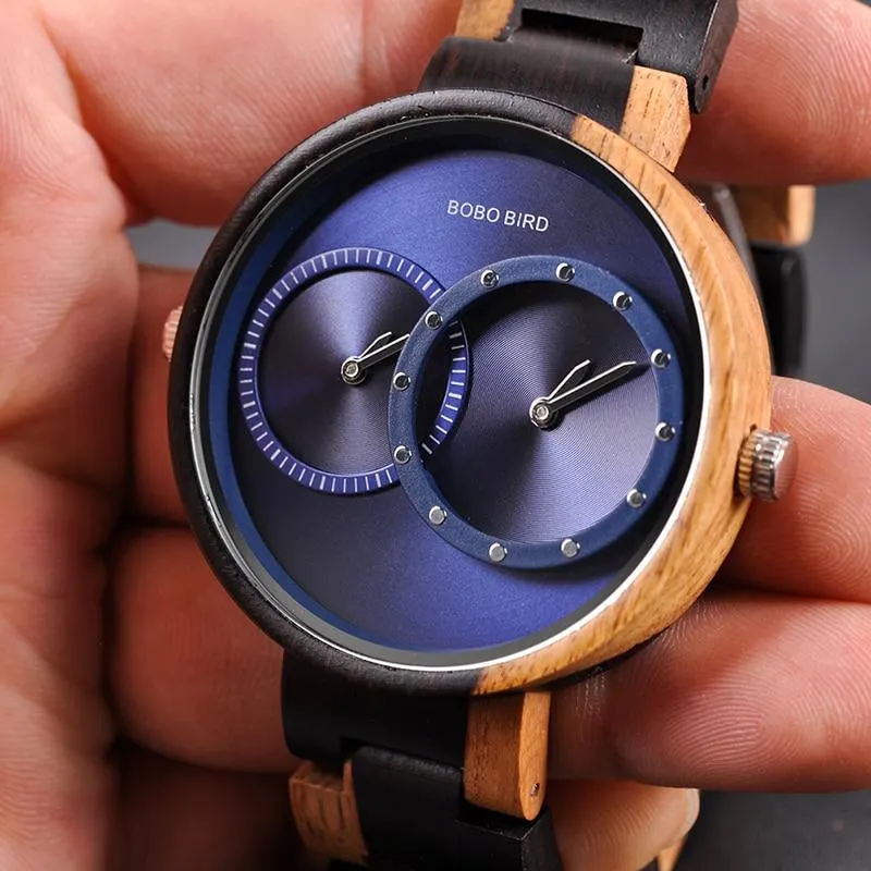 Men and Women 2 Time Zone Design Round Case Wooden Quartz Watches Gift