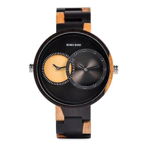 Men and Women 2 Time Zone Design Round Case Wooden Quartz Watches Gift