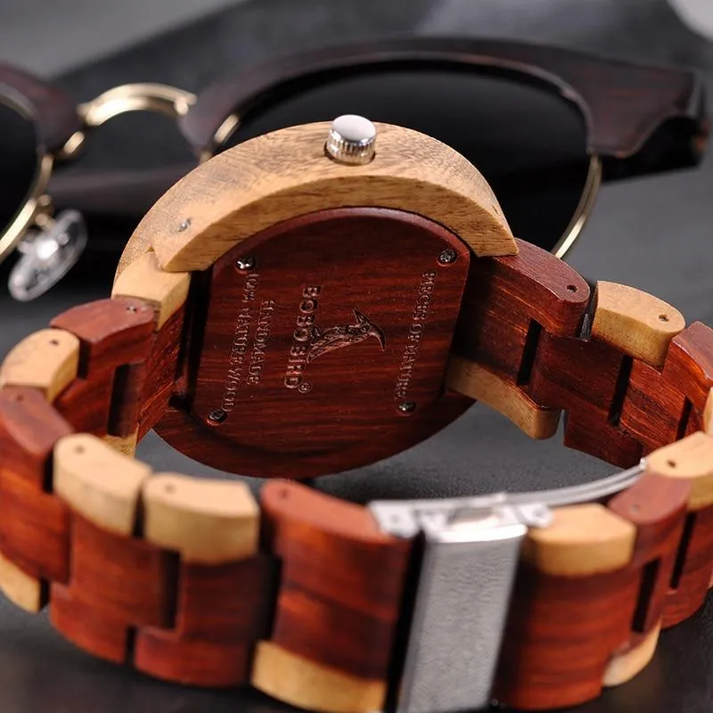 Men and Women 2 Time Zone Design Round Case Wooden Quartz Watches Gift