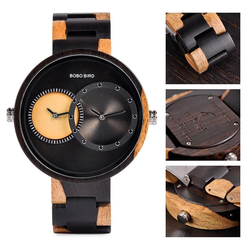 Men and Women 2 Time Zone Design Round Case Wooden Quartz Watches Gift