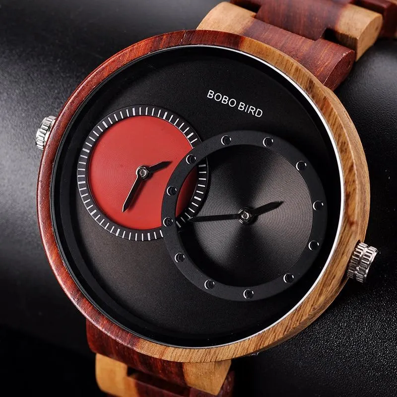 Men and Women 2 Time Zone Design Round Case Wooden Quartz Watches Gift