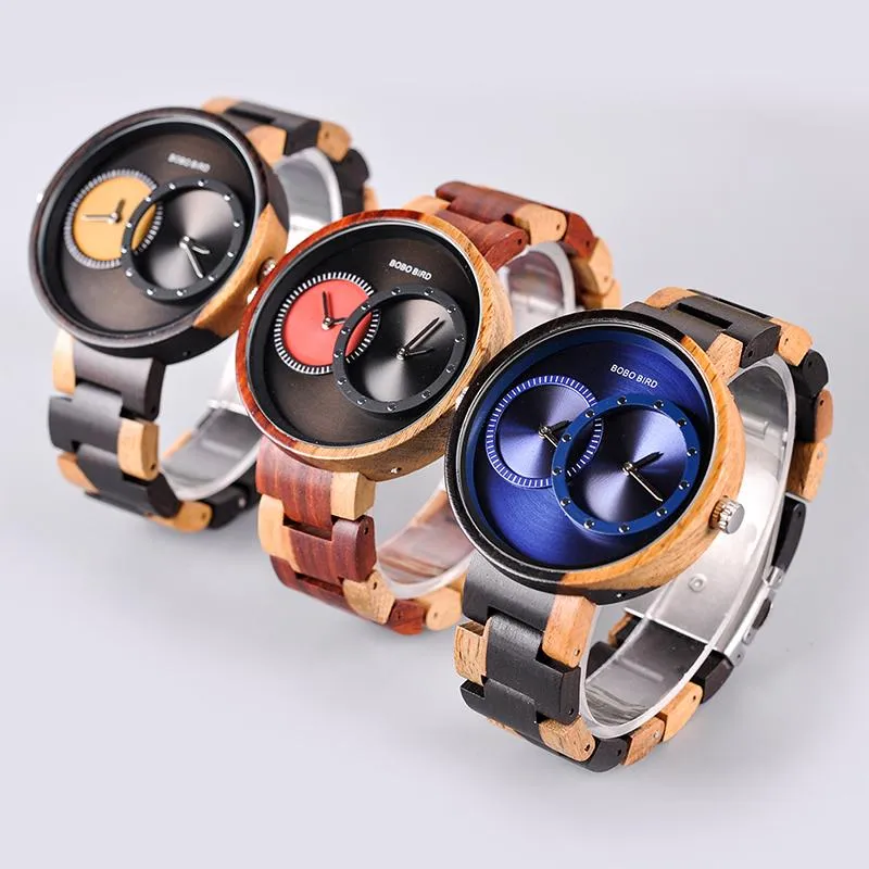 Men and Women 2 Time Zone Design Round Case Wooden Quartz Watches Gift