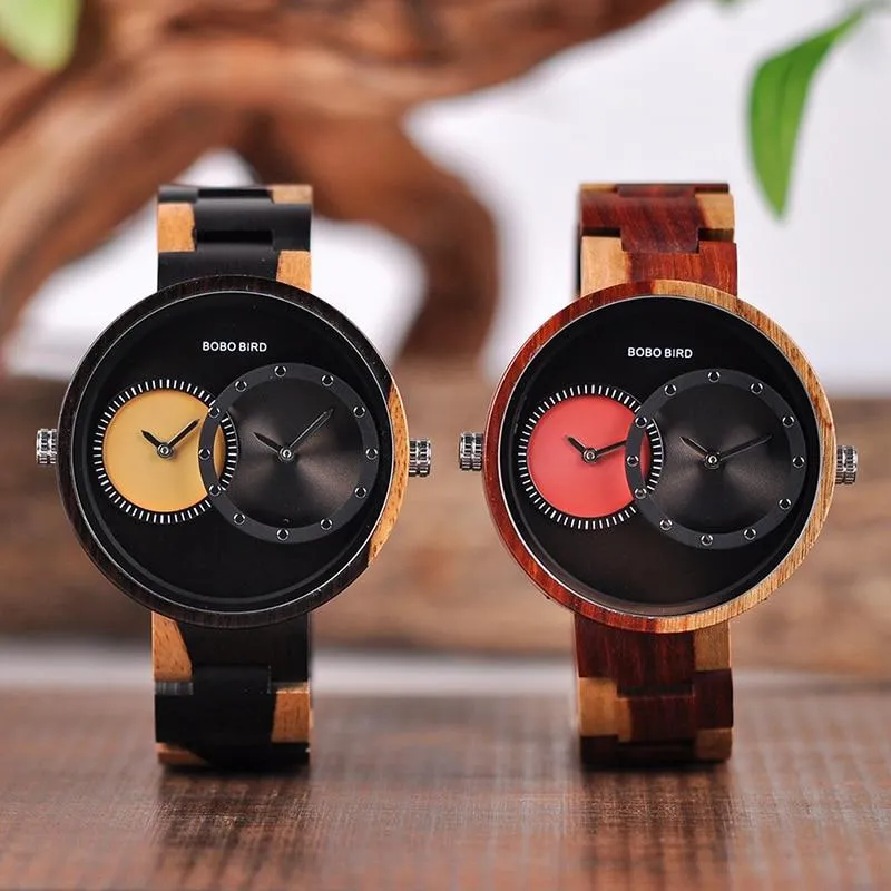 Men and Women 2 Time Zone Design Round Case Wooden Quartz Watches Gift
