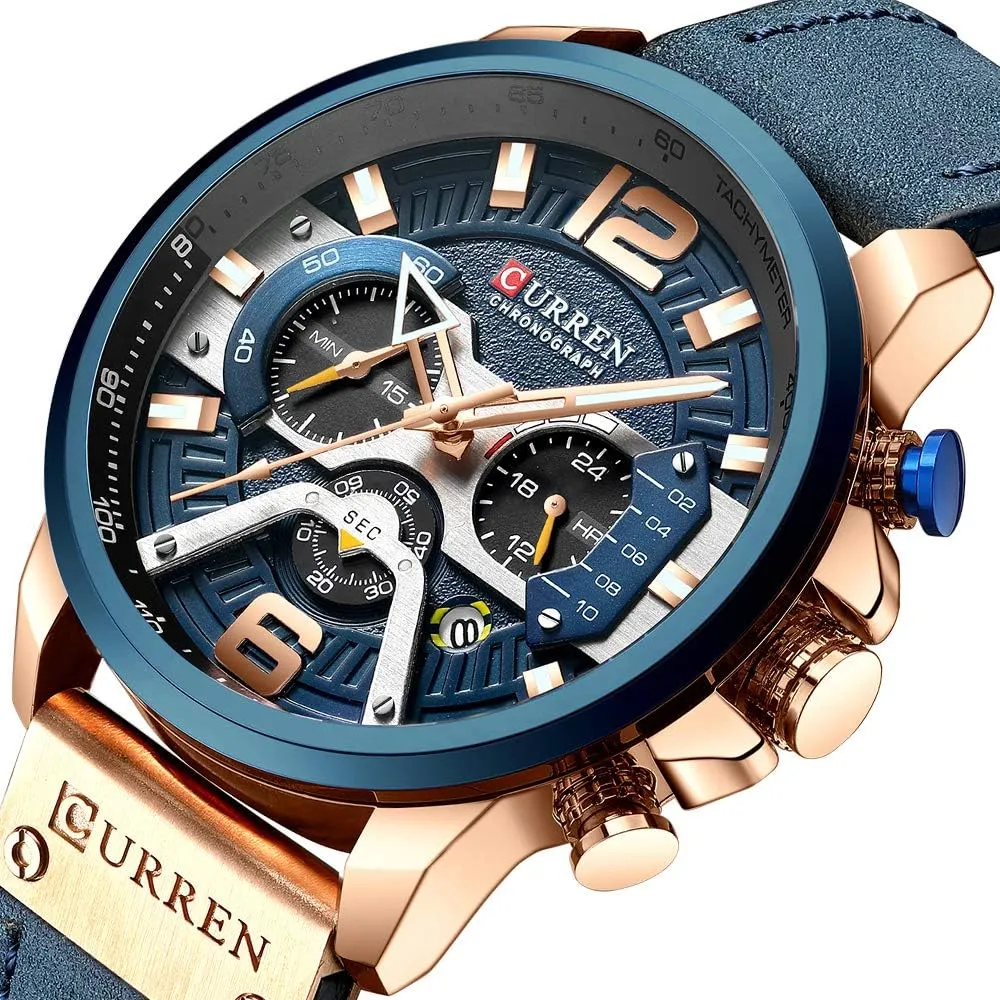 Men Chronograph Sport Watches Brown Leather Strap Quartz Watch Business Casual Wrist Watch for Men