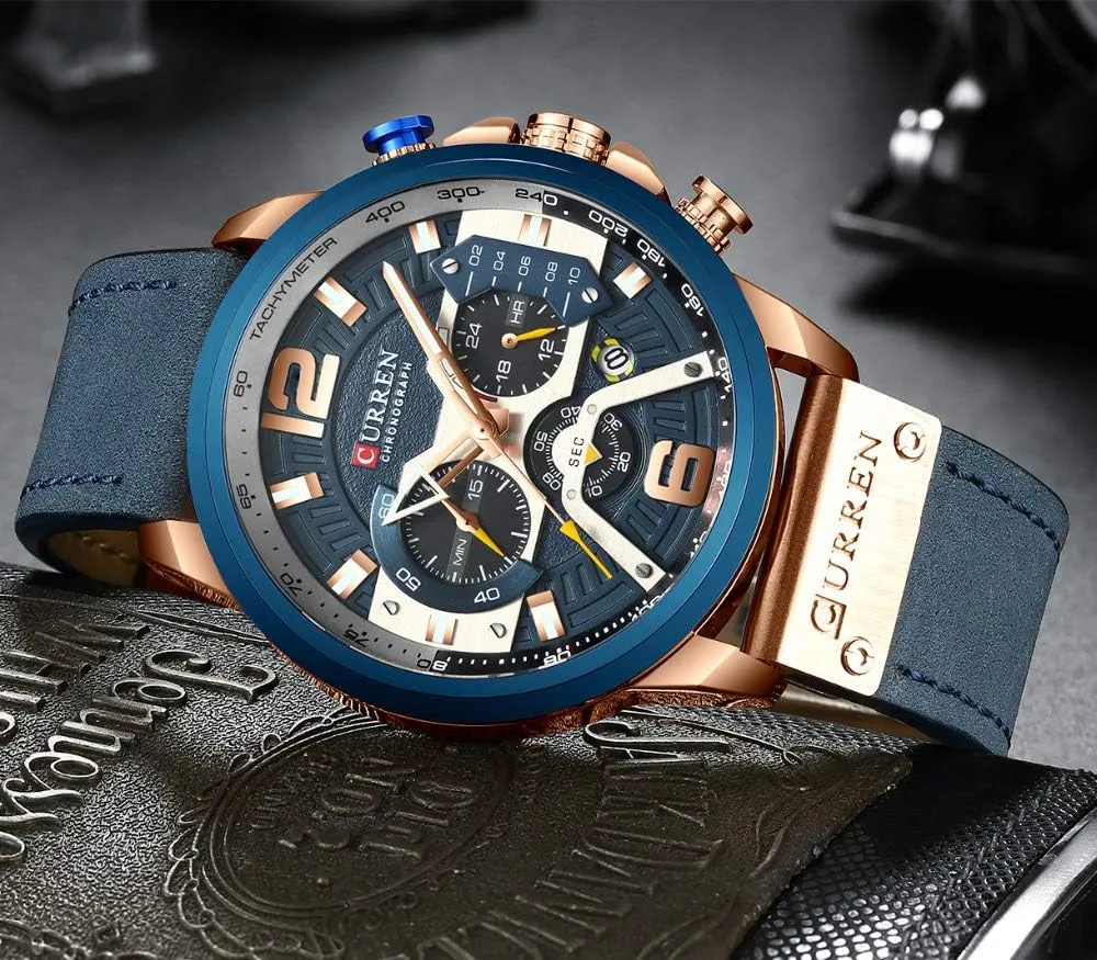 Men Chronograph Sport Watches Brown Leather Strap Quartz Watch Business Casual Wrist Watch for Men